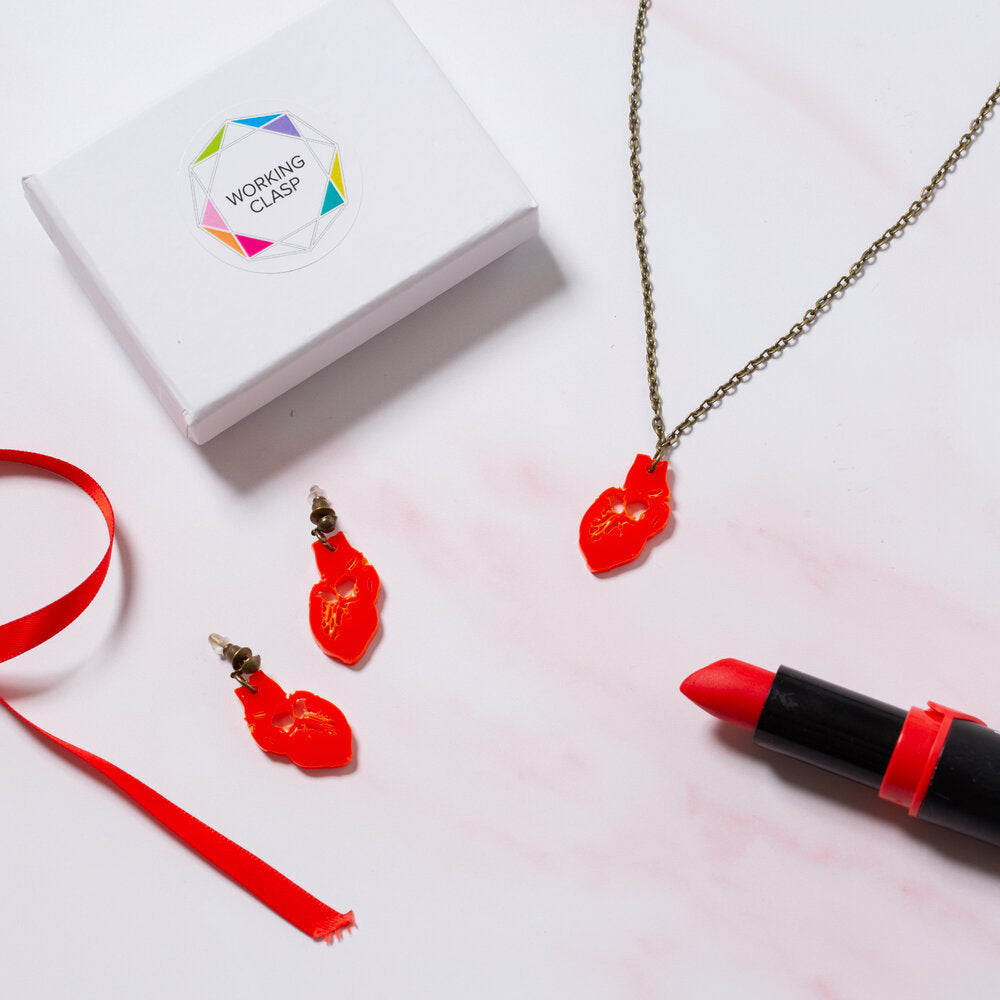 Anatomical heart earrings and necklace set