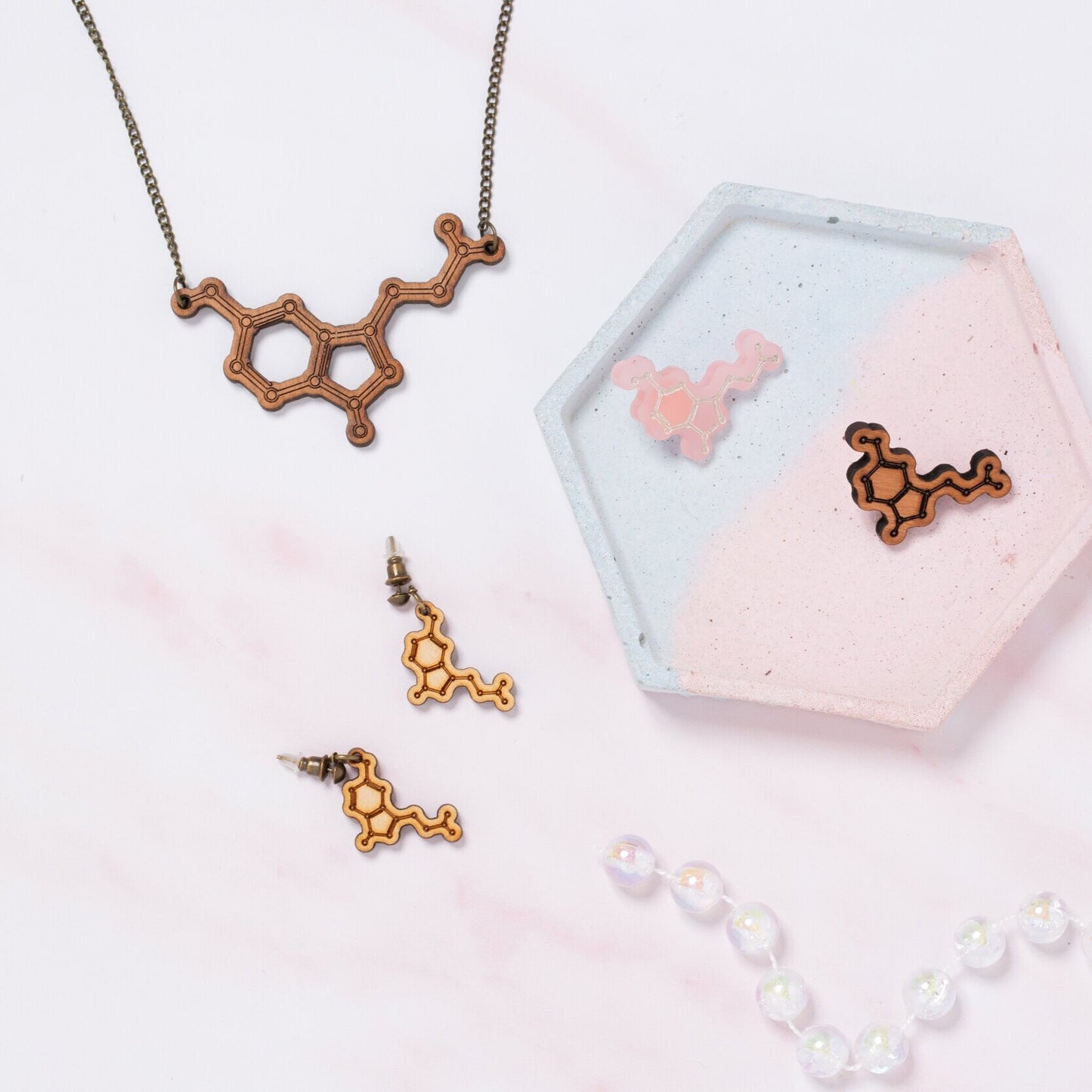 Serotonin molecule earrings: 'Happiness chemical'