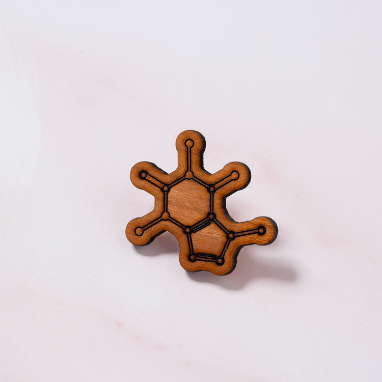 Caffeine molecule pin badge - 'The Pep me up chemical'