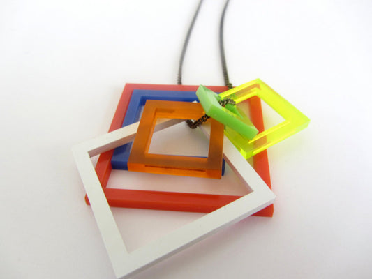Rubik's cube 80's inspired laser cut square necklace